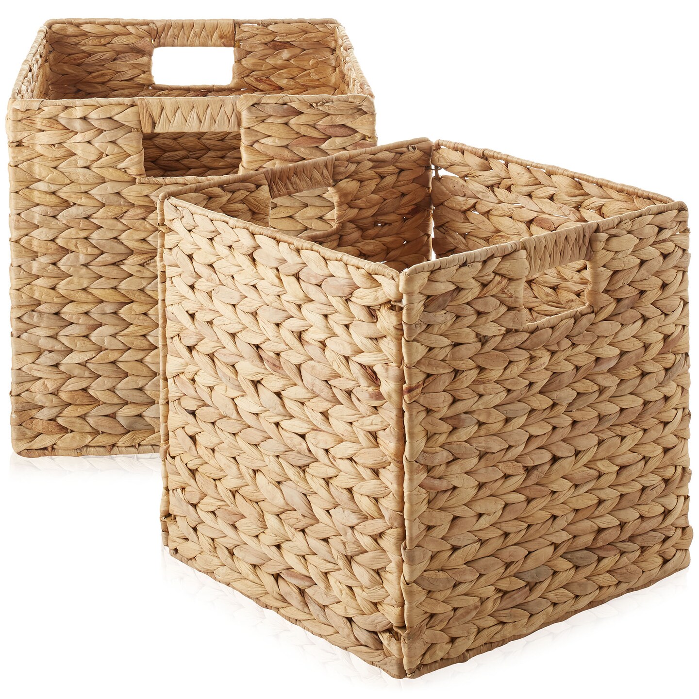 Casafield 13" x 13" Water Hyacinth Storage Baskets, Set of 2 Collapsible Cube Organizers, Woven Bins for Bathroom, Bedroom, Laundry, Pantry, Shelves
