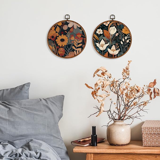 Vintage Natural Flowers Wall Decor Art Set of 2 - Floral Botanical Wall Art Canvas Frame Hanging Prints, Mid Century Modern Round Wall Art Decor for Bedroom Farmhouse Decorations 10"x10"