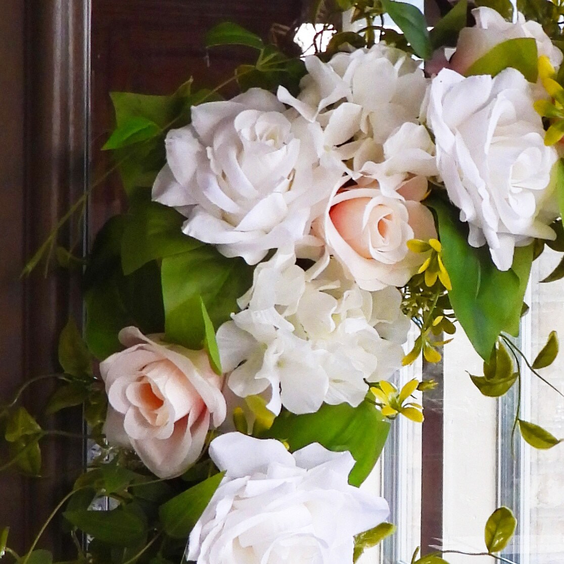 Haute Decor Pink and White Rose and Hydrangea Floral and Greenery Wreath with Natural Grapevine Base for Spring, Summer Door Decor - 24 inch Diameter