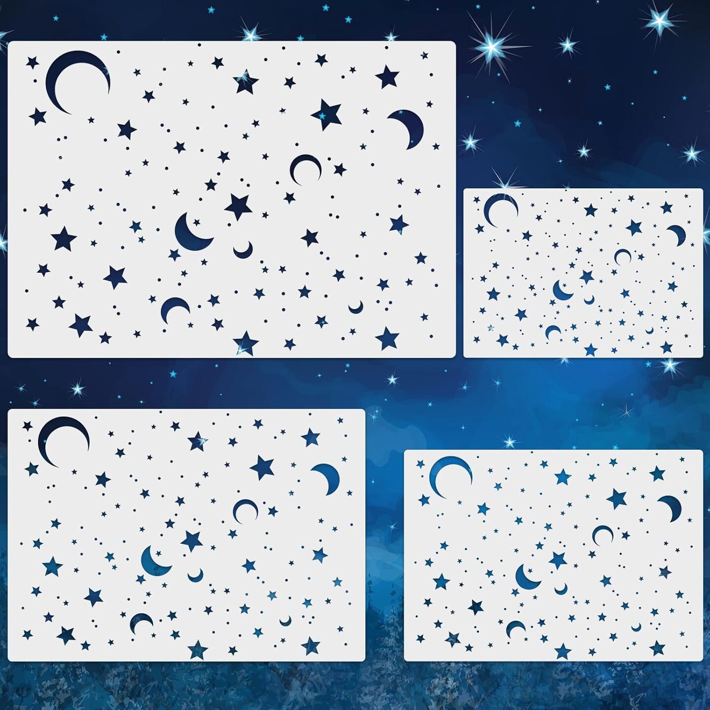 4 Pack Star Stencil 4 Sizes Star Shaped Painting Template Reusable Plastic Twinkle Starburst Painting Stencils for Wall Wood Canvas Fabric, Use for Flag Day Home Decor DIY Crafts(Stars and Moon)