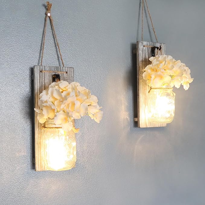 Rustic Wooden Wall Hanging Decor with LED String Lights for Modern Living Room and Bedroom, Inspirational Country Style Vintage Wall Decoration Art, 6 Hour Timer Set of 2 Grey