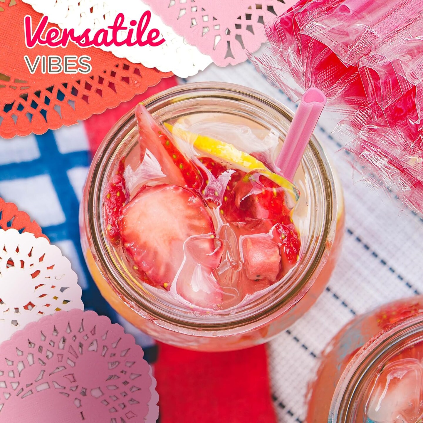 4E&#x27;s Novelty 50 Pcs Pink Heart Shaped Straws &#x26; Doilies