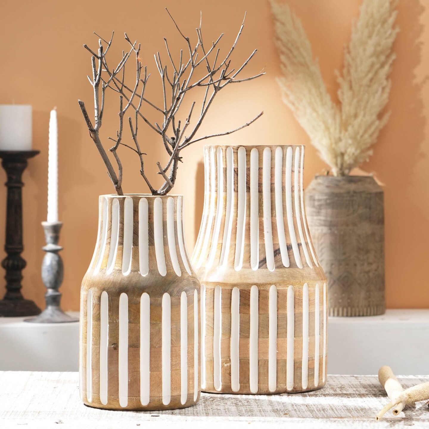 Decorative Handcrafted Mango Wood Vase - 9.25&#x22; x 9.25&#x22; X 15&#x22;