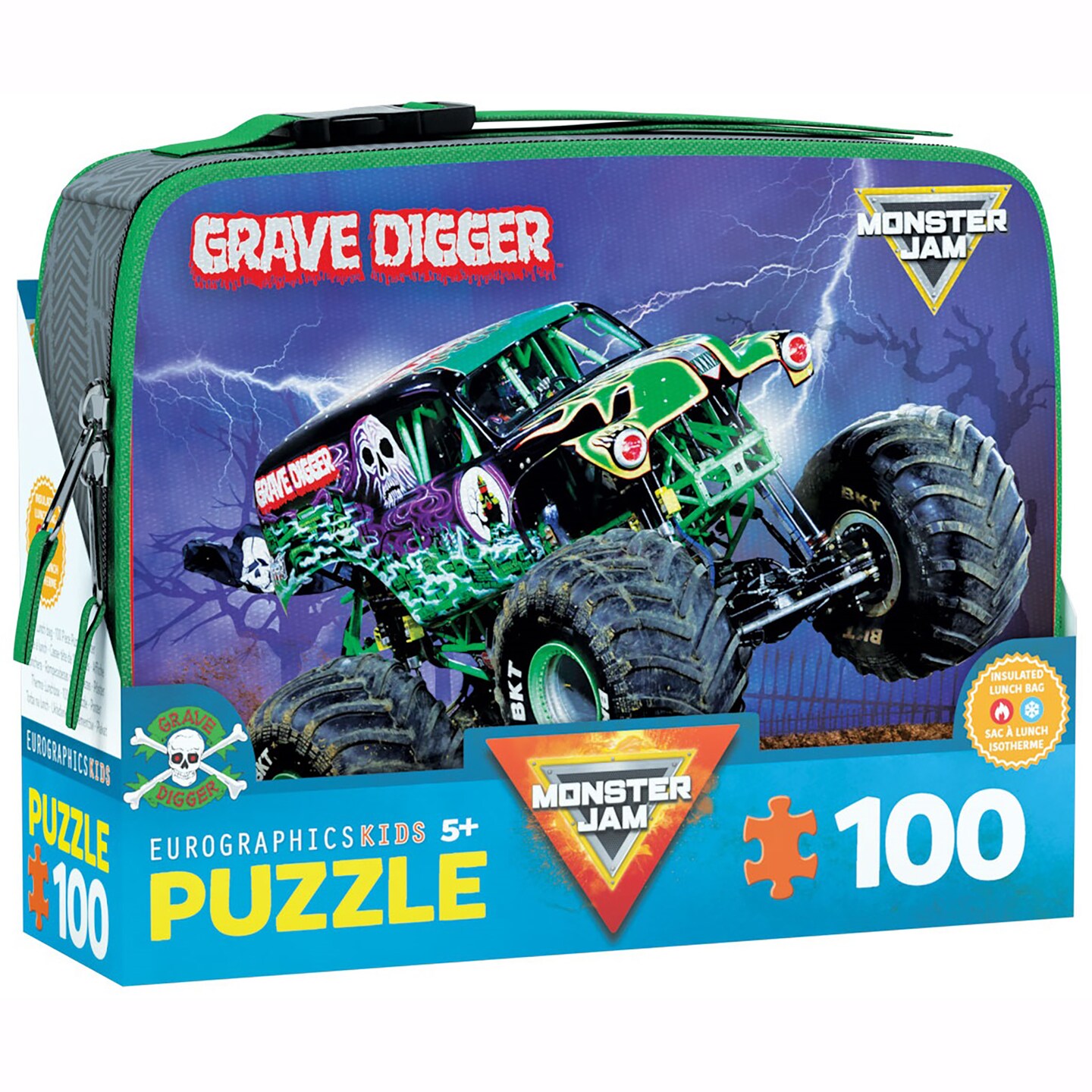 Eurographics: Monster Jam Puzzle &#x26; Lunch Box - Grave Digger - 100-Piece Jigsaw &#x26; Insulated Zipper Bag - Monster Truck Themed Set, Licensed, Kids 5+