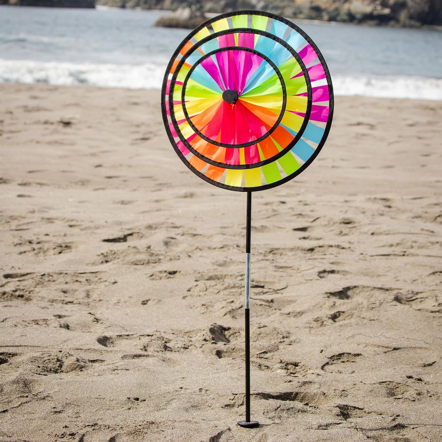 In the Breeze 2614 &#x2014; Fiesta Triple Wheel Spinner &#x2014; Colorful, Mesmerizing Wind Spinner for Yards and Gardens