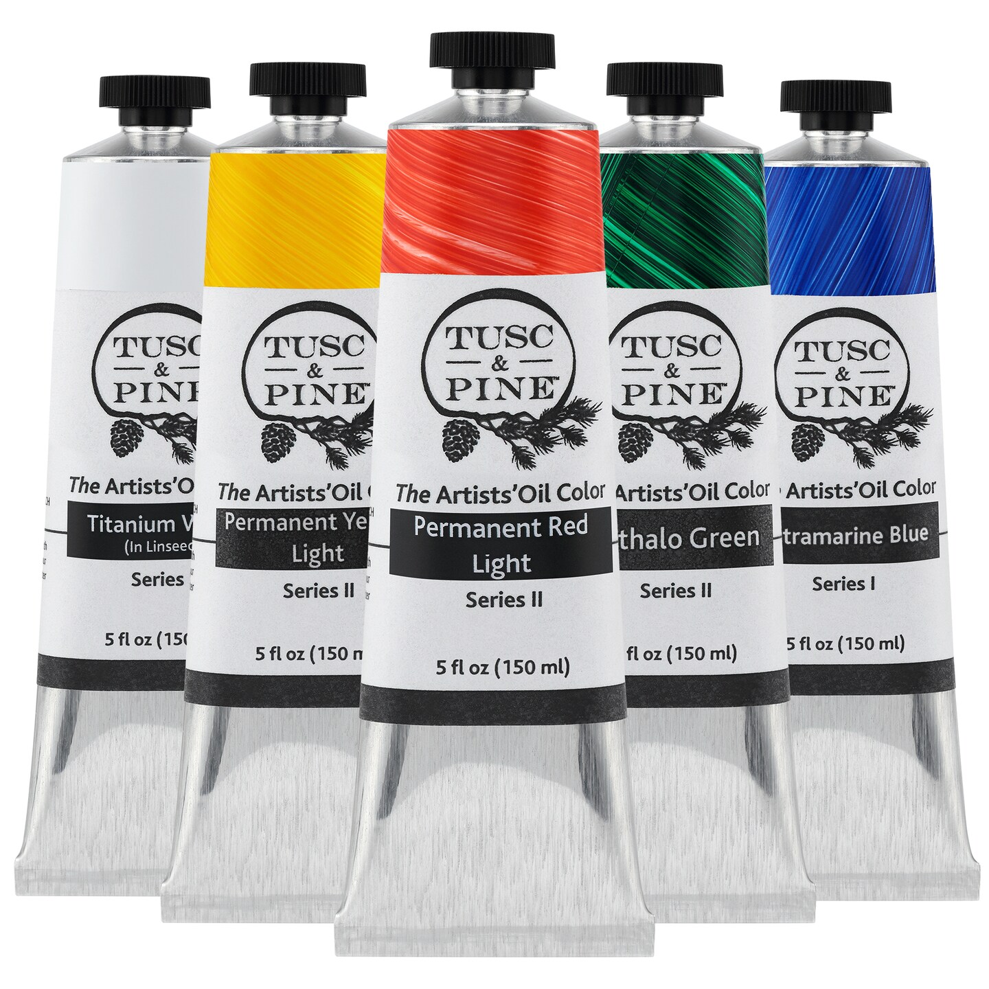 Tusc & Pine Artist Oil Paint - Set of 5, 150 ml, Basic Colors, 750 ml of Non-Yellowing, Creamy Consistency, Maximum Pigment Load, Small Batch Oil Paints Made in the USA for Professional Artists