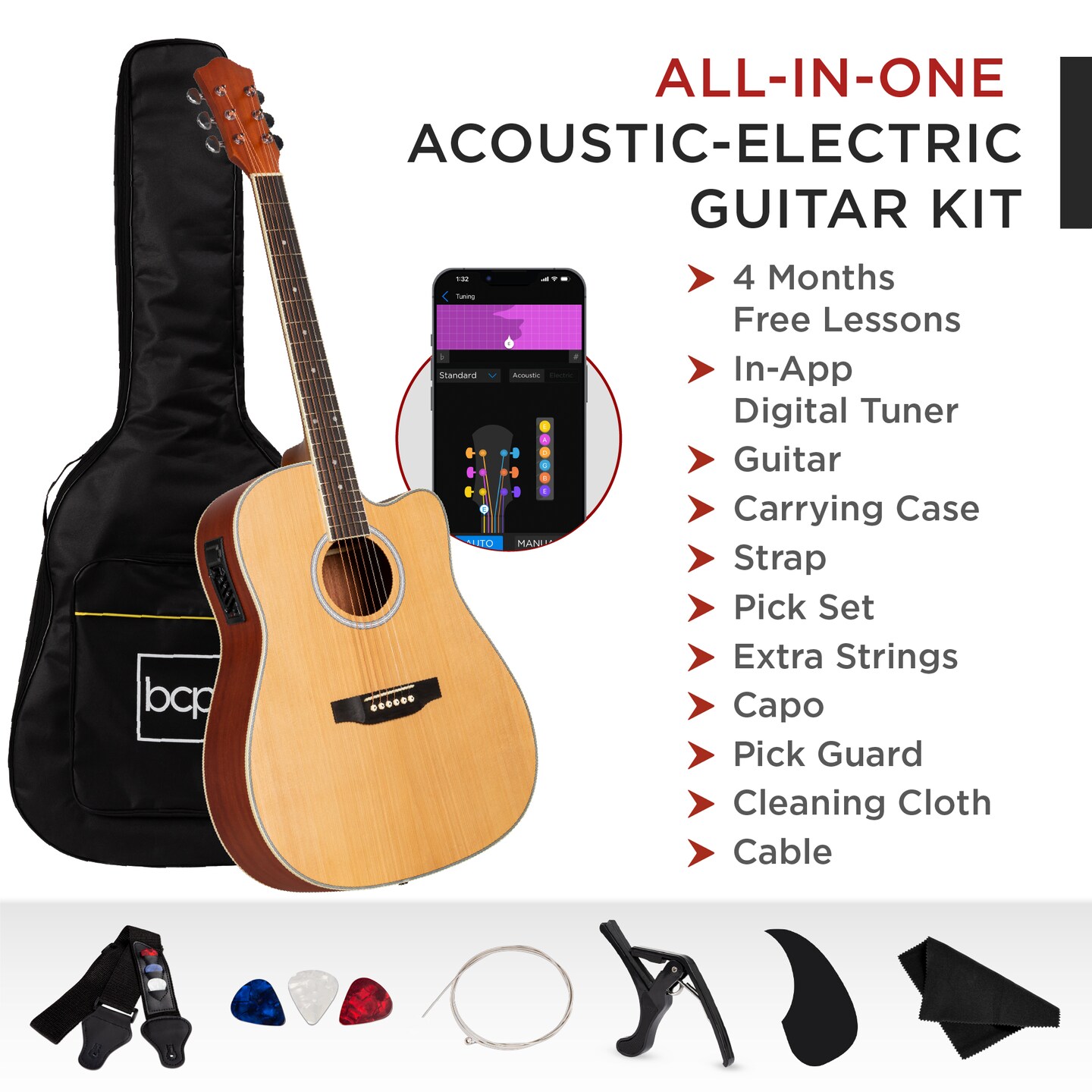 Best Choice Products Beginner Acoustic Electric Guitar Starter Set 41in w/ All Wood Cutaway Design, Case
