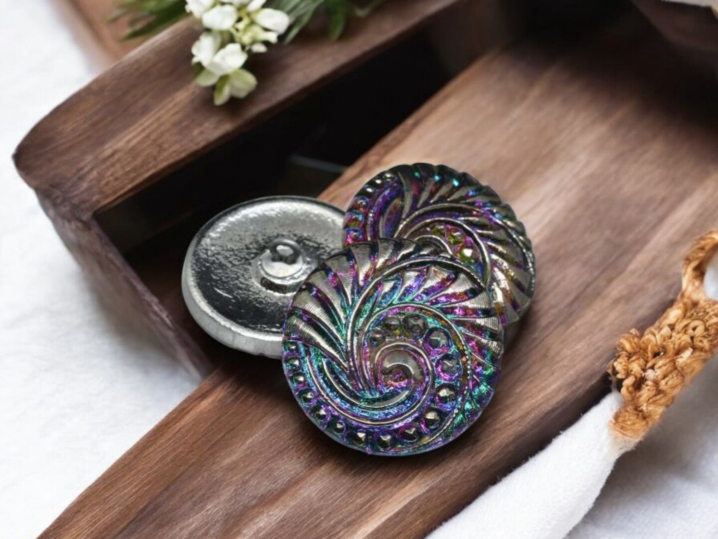 27mm Swirl Button Vitrail with Silver Accents -- Czech Glass Buttons