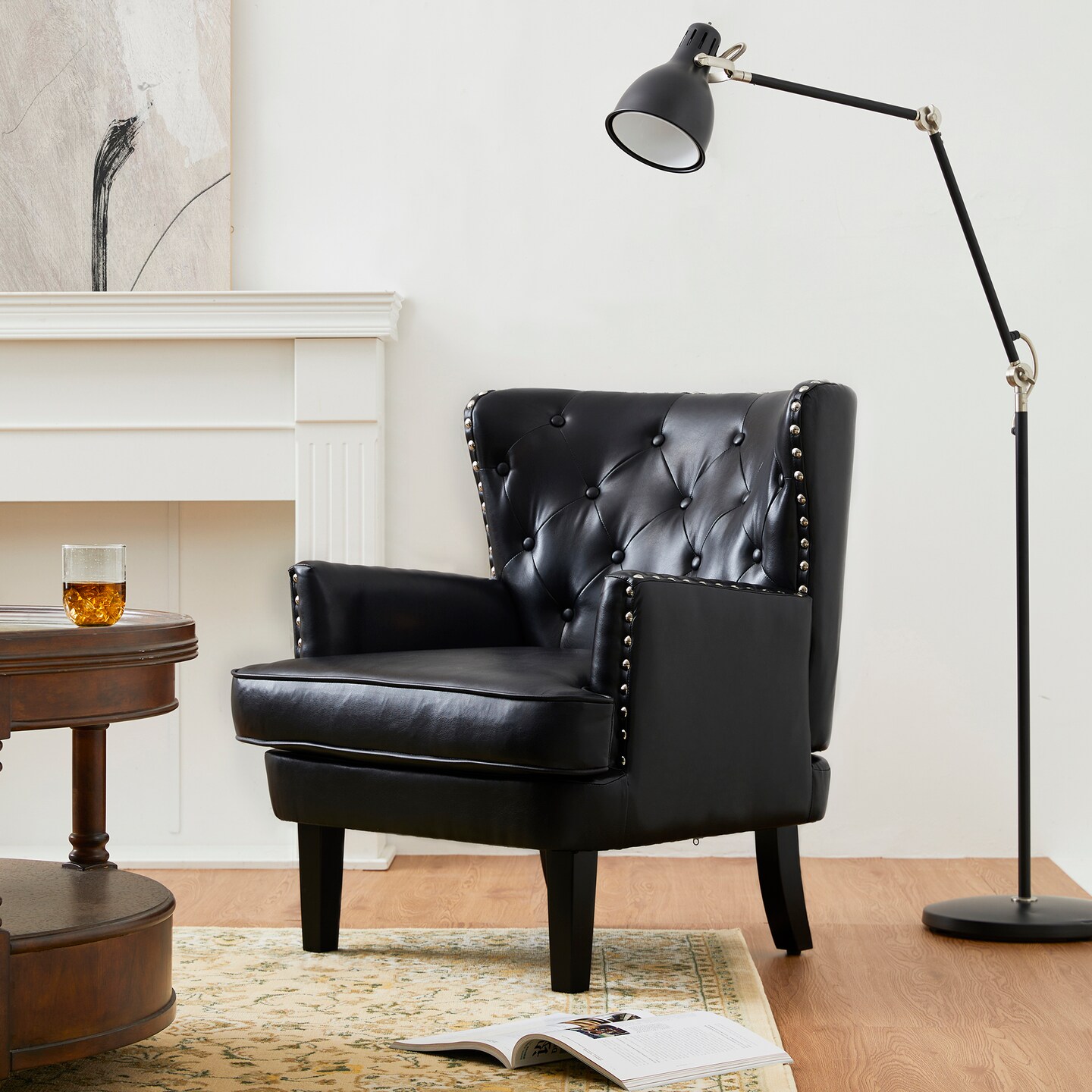 Set of 2 Mid-century Modern Leatherette Button-tufted Accent Arm Chairs