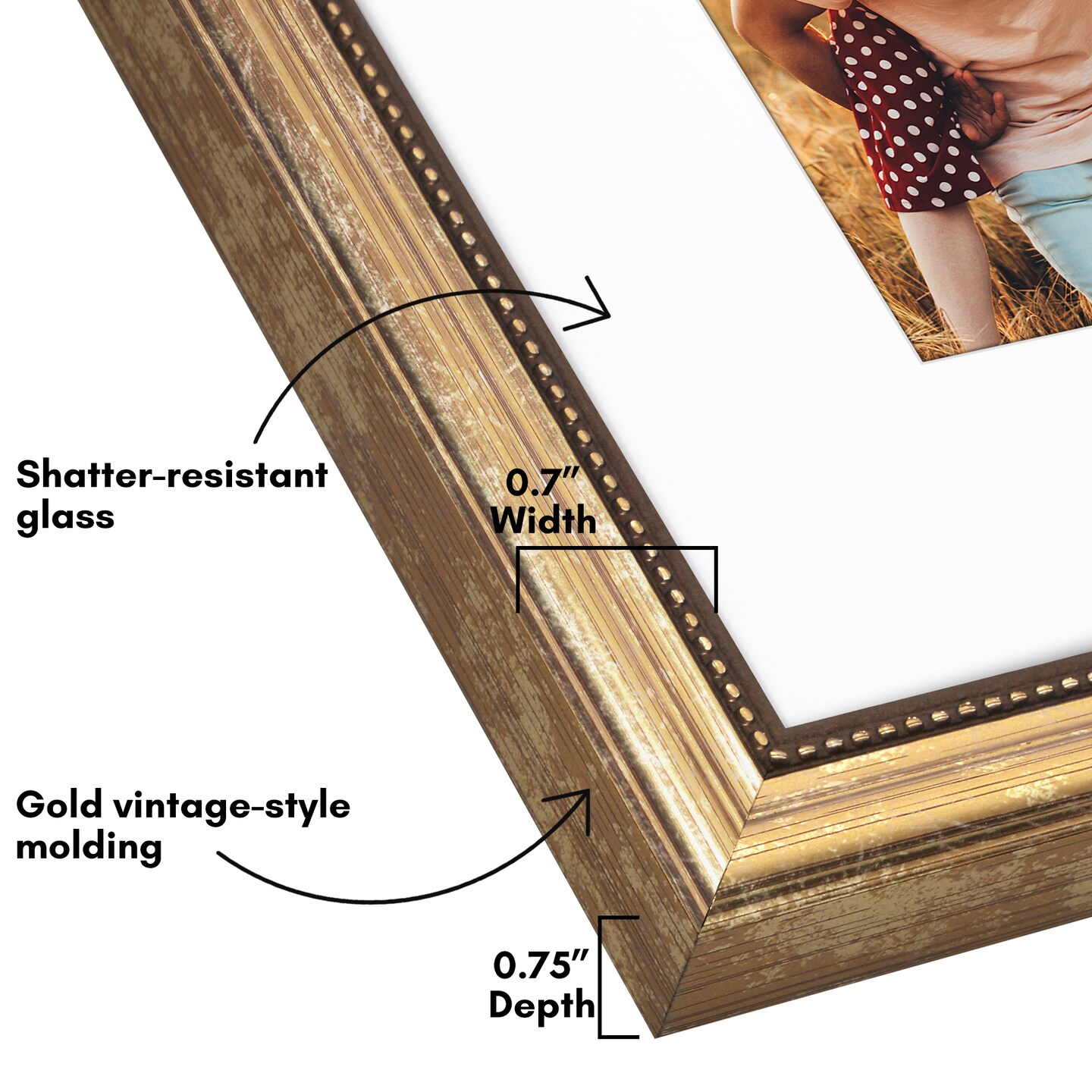 Americanflat Vintage Picture Frame with Mat and Beaded Accents with Shatter Resistant Glass