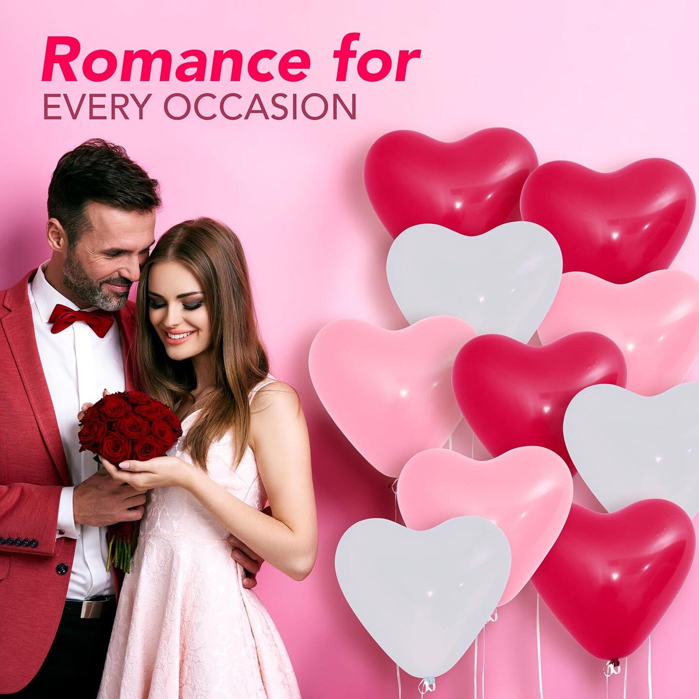 4E's Novelty 36 Pack Latex Heart Shaped Balloons 10 inch With Ribbon - Pink White Red Heart Balloons, Valentines Day Balloons, Perfect for Marriage Proposal & Valentines Day Decorations & Wedding Party