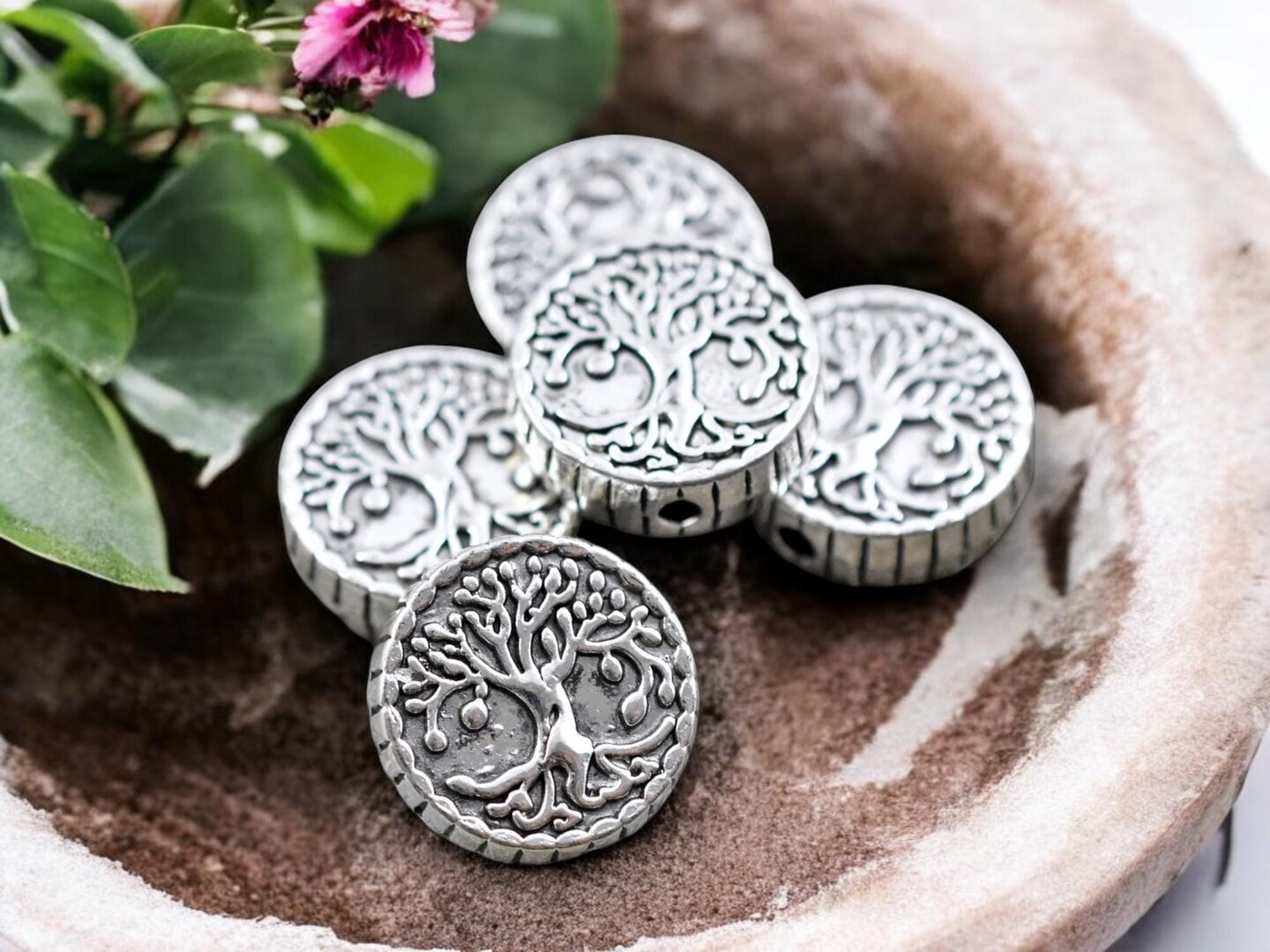 *10* 15mm Antique Silver Tree Of LIfe Coin Beads