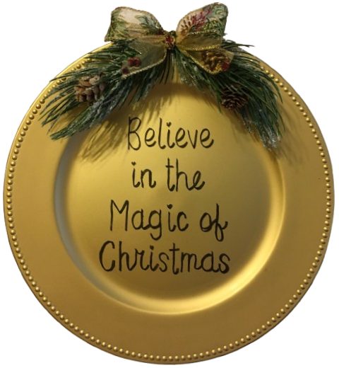 Dollar Tree Plastic Gold CHARGER PLATE Christmas Holiday Wall Art BELIEVE IN THE MAGIC OF CHRISTMAS Handmade Gift