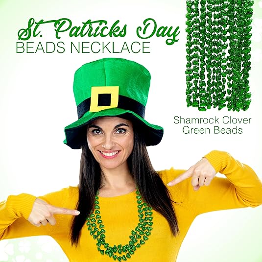 4E&#x27;s Novelty St Patricks Day Beads Necklace Bulk (12 Pack) Shamrock Clover Green Beads - St. Patrick&#x27;s Day Gifts for Kids, Kids Party Favor Supplies Costume Accessories