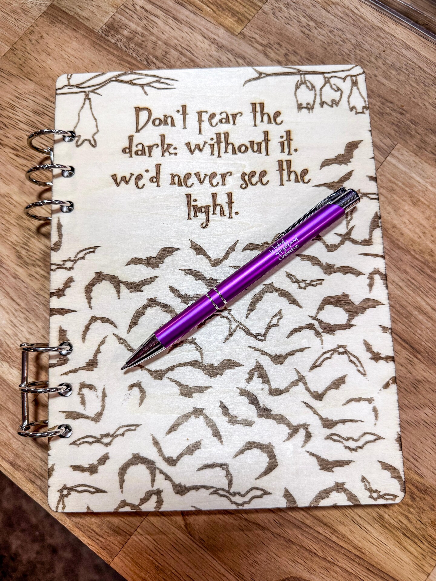 Don't Fear the Dark Engraved Wooden Journal Bat and Gothic
