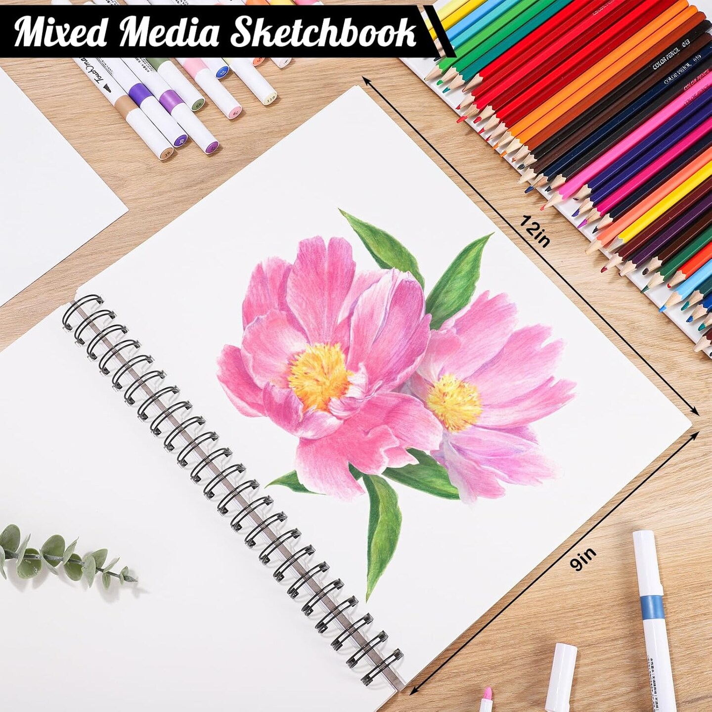 Mixed Media Sketchbook, 9x12 inch Drawing Paper Sketch Book, 108lb/160gsm Heavyweight Spiral Bound Sketch Pads, Suitable for Dry Media, Drawing, Painting, Sketching(50 Sheets)