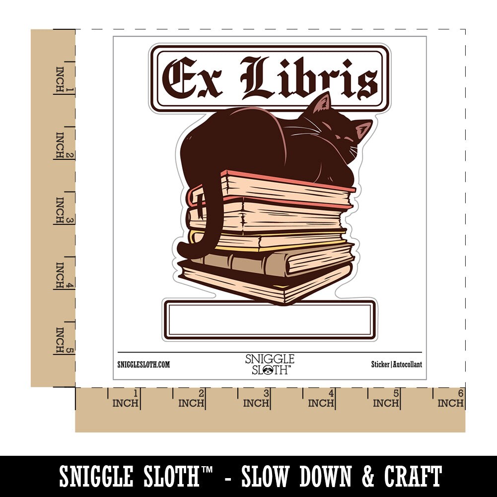 Ex Libris Cat on Stack of Books Reading Waterproof Vinyl Phone Tablet Laptop Water Bottle Sticker Set - 5 Pack