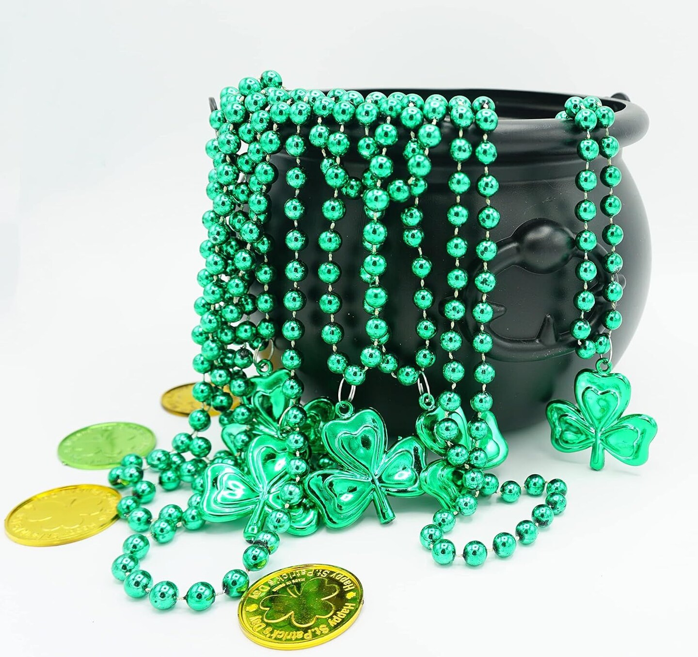 4E's Novelty 12 Pcs St Patricks Day Beads Necklace Bulk Green Shamrock Beads for Irish Party Favors & Supplies, Costume Accessories