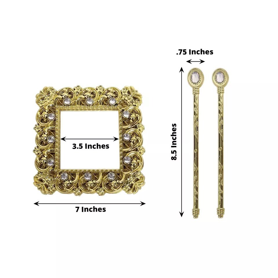 2 Gold 6&#x22; Square Plastic CURTAIN TIE Backs Baroque Design Acrylic Crystals Party
