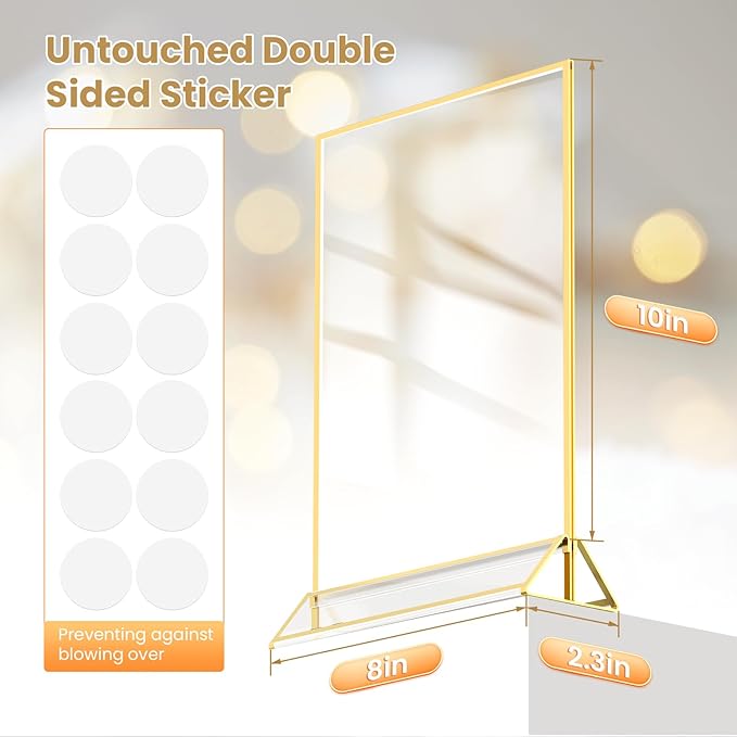 Gold Frames 8X10 Acrylic Sign Holder Double-Sided Picture Frames for Menu Holder Wedding Table Number Holder Christmas Photo Frames with Non-Marking Round Stickers -6 Pack