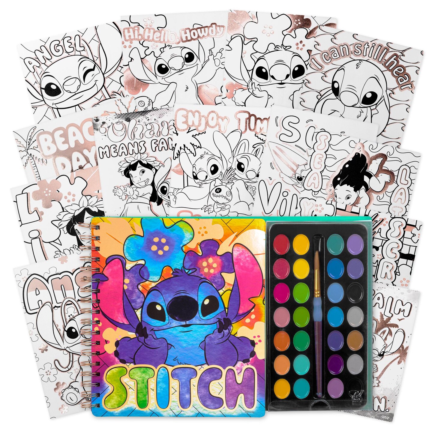 Fashion Angels: Disney Stitch - Watercolor Poster Set - Spiral Bound Book, 30 Lilo &#x26; Stitch Themed Pages, Paint Brush, 28 Washable Colors, Kids 8+