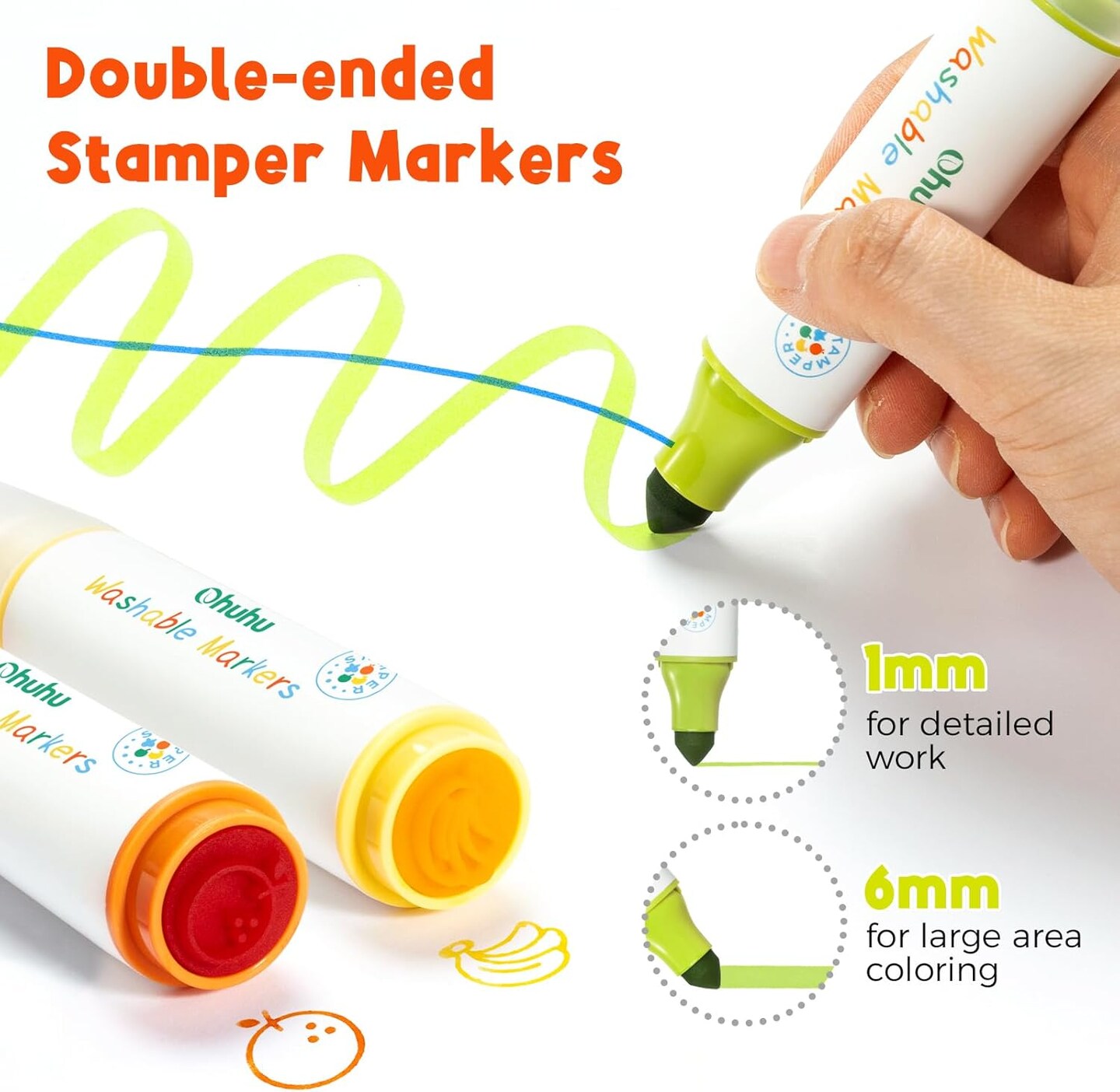Ohuhu Stamper Washable Markers for Kids 12 Colors Water-based Dual Tips Stamp &#x26; Broad Line Tip Kids Markers Coloring Markers for Kids Preschool Classroom Supplies Age 3+