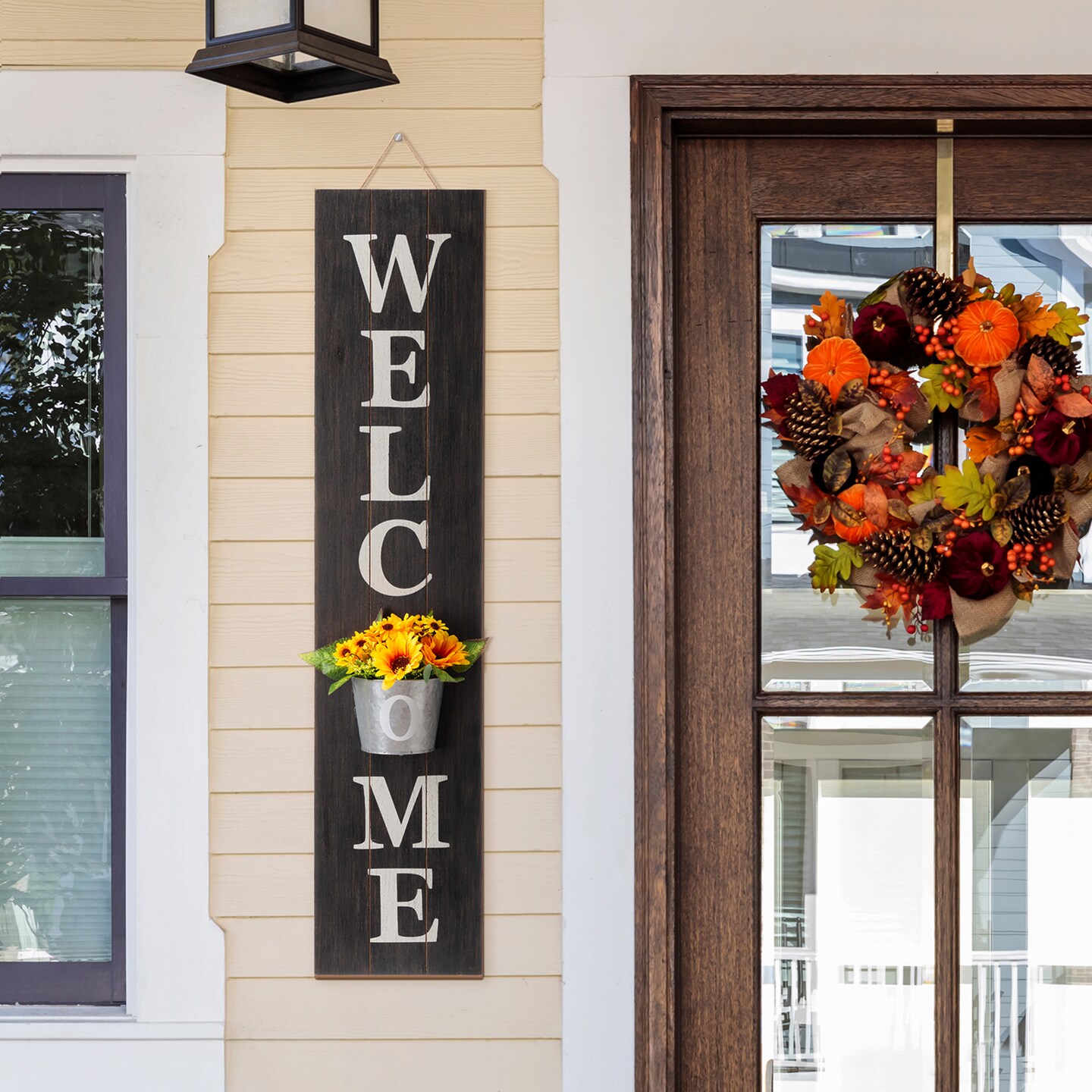 42&#x22;H Wooden WELCOME Porch Sign with Metal Planter
