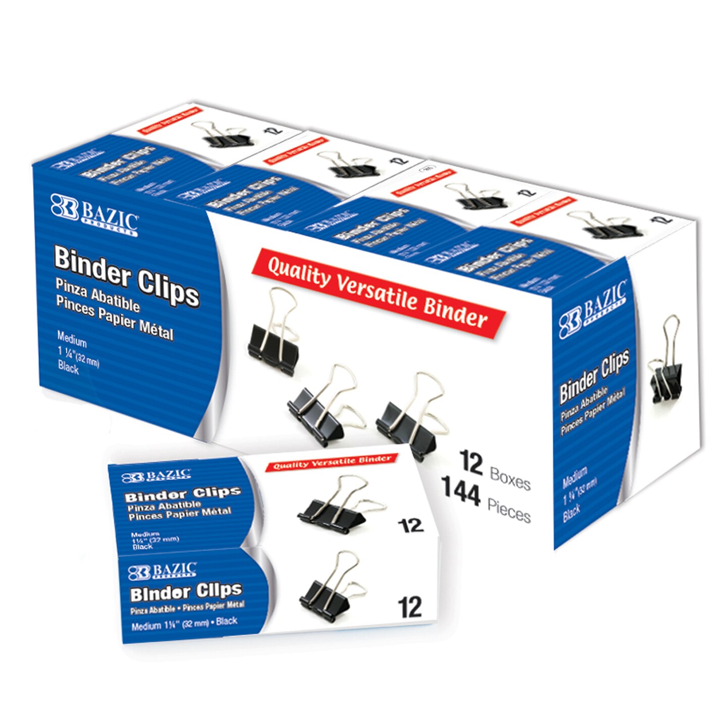 BAZIC Medium 1 -1/4 (32mm) Black Binder Clip (12/Pack)