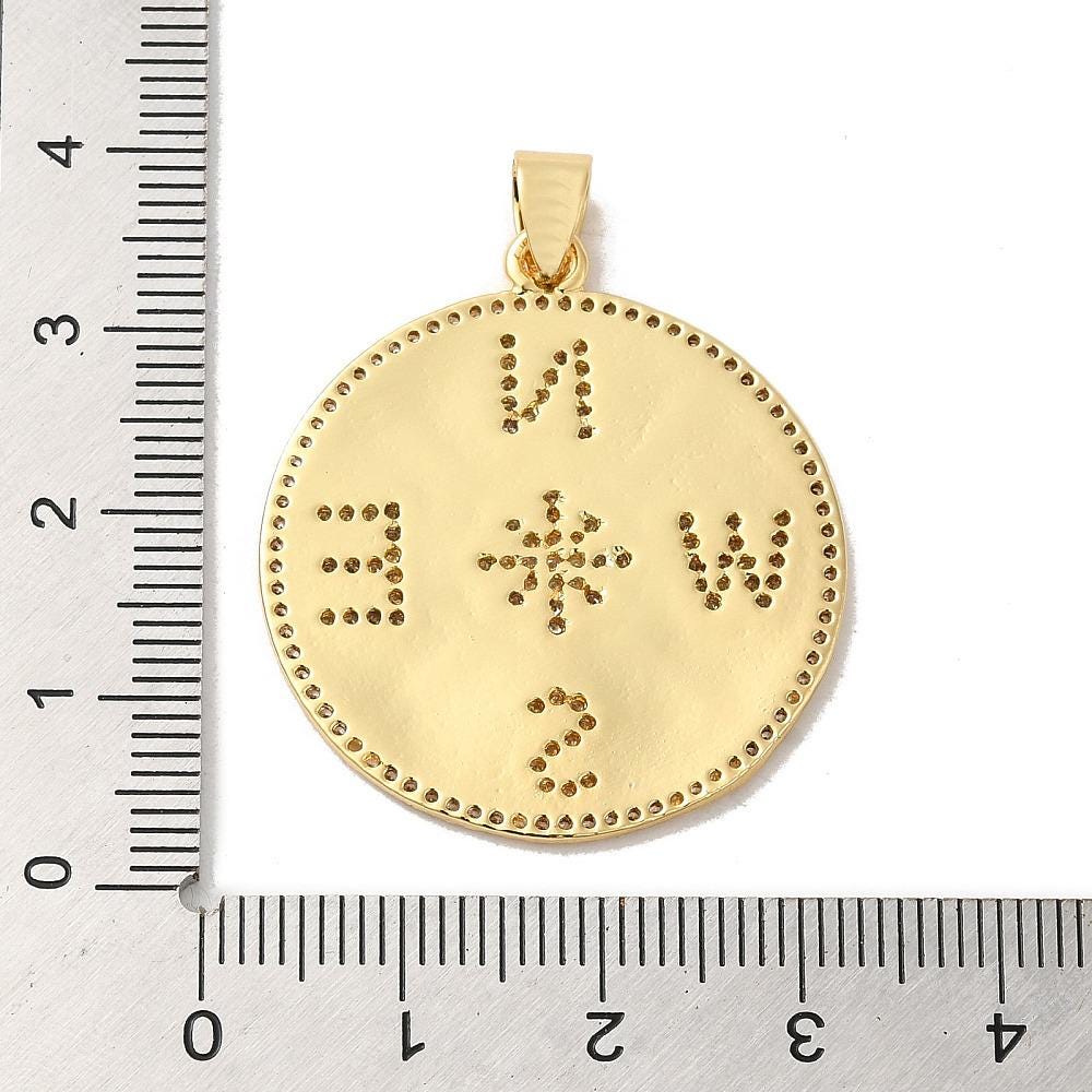 33x30mm 18k Gold Plated Brass Micro Pave Cubic Zirconia Compass Charm Pendant
