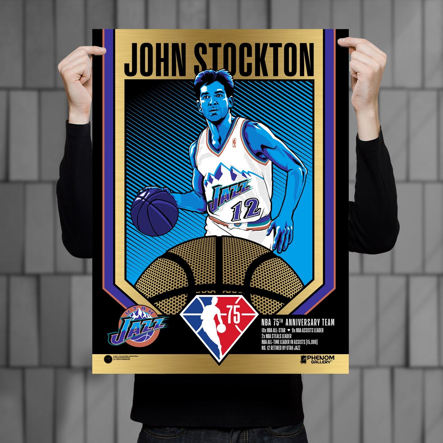 Phenom Gallery Utah Jazz 75th Anniversary John Stockton 18&#x22; x 24&#x22; Gold Foil Serigraph