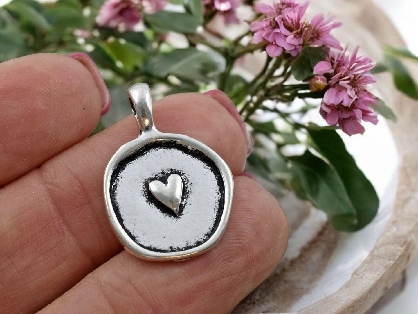 24x17mm Antique Silver Heart Wax Seal Charms - 10pcs