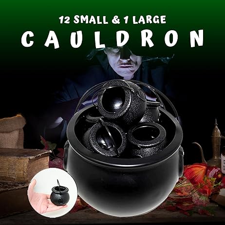 Black Cauldron Plastic 12 Mini &#x26; 1 Large 7&#x22;- for Halloween Cauldron Black Candy Bucket for Trick or Treat Container for Kids Table D&#xE9;cor Kids Party Favors Supplies By 4E&#x27;s Novelty