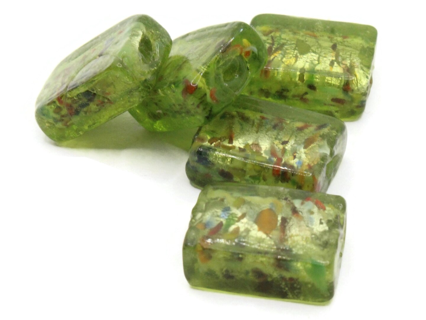 5 20mm Green Speckled Flat Rectangle Lampwork Glass Beads