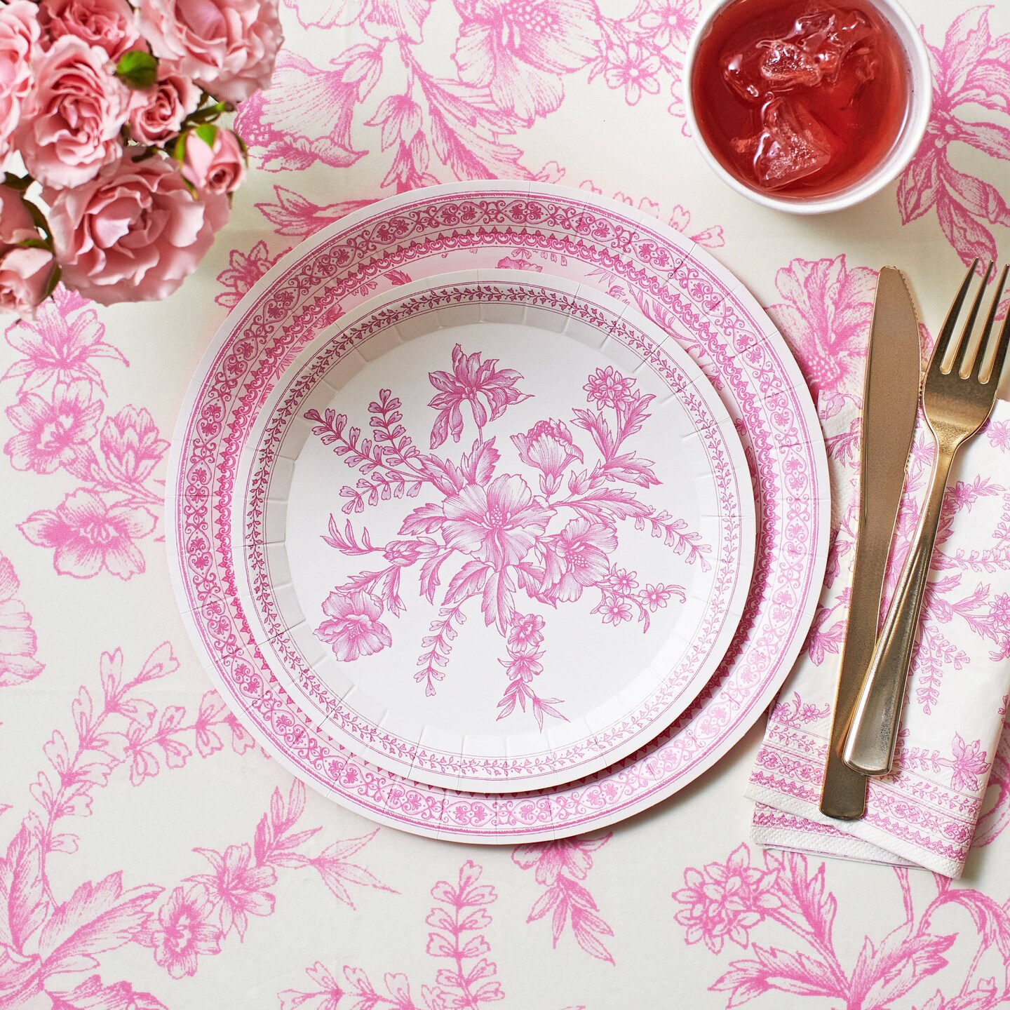 PINK TOILE PAPER TABLECLOTH
