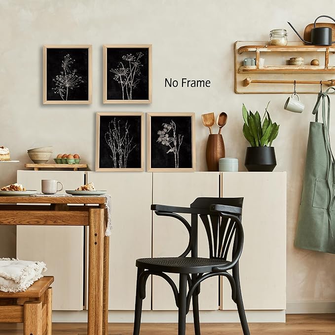 Black Flowers Plant Wall Art Decor Set of 4 - Vintage Botanical Neutral Floral Artwork Poster Prints Decor Modern Rustic Wall Art for Bedroom Home Decorations - 8&#x22;x10&#x22; Unframed