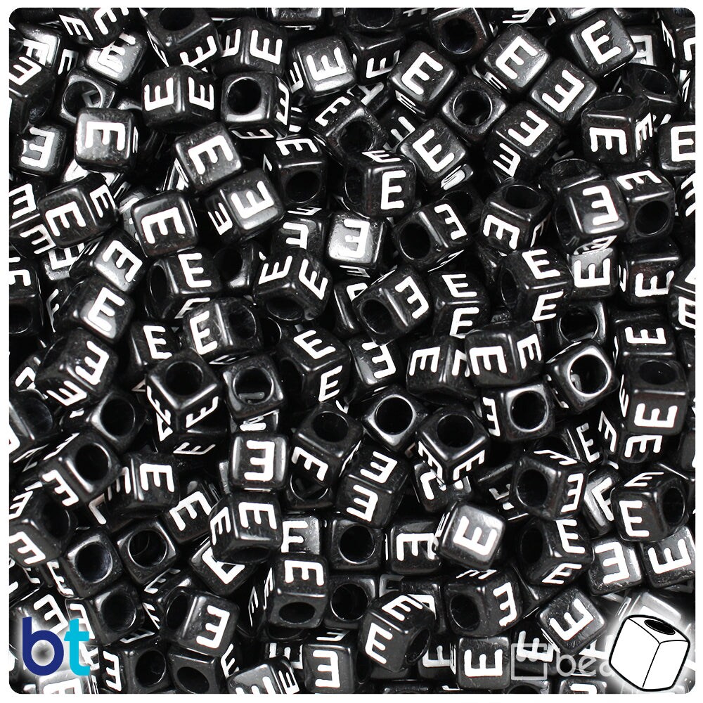 BeadTin Black Opaque 6mm Cube Plastic Alpha Beads - White Letter E (80pcs)