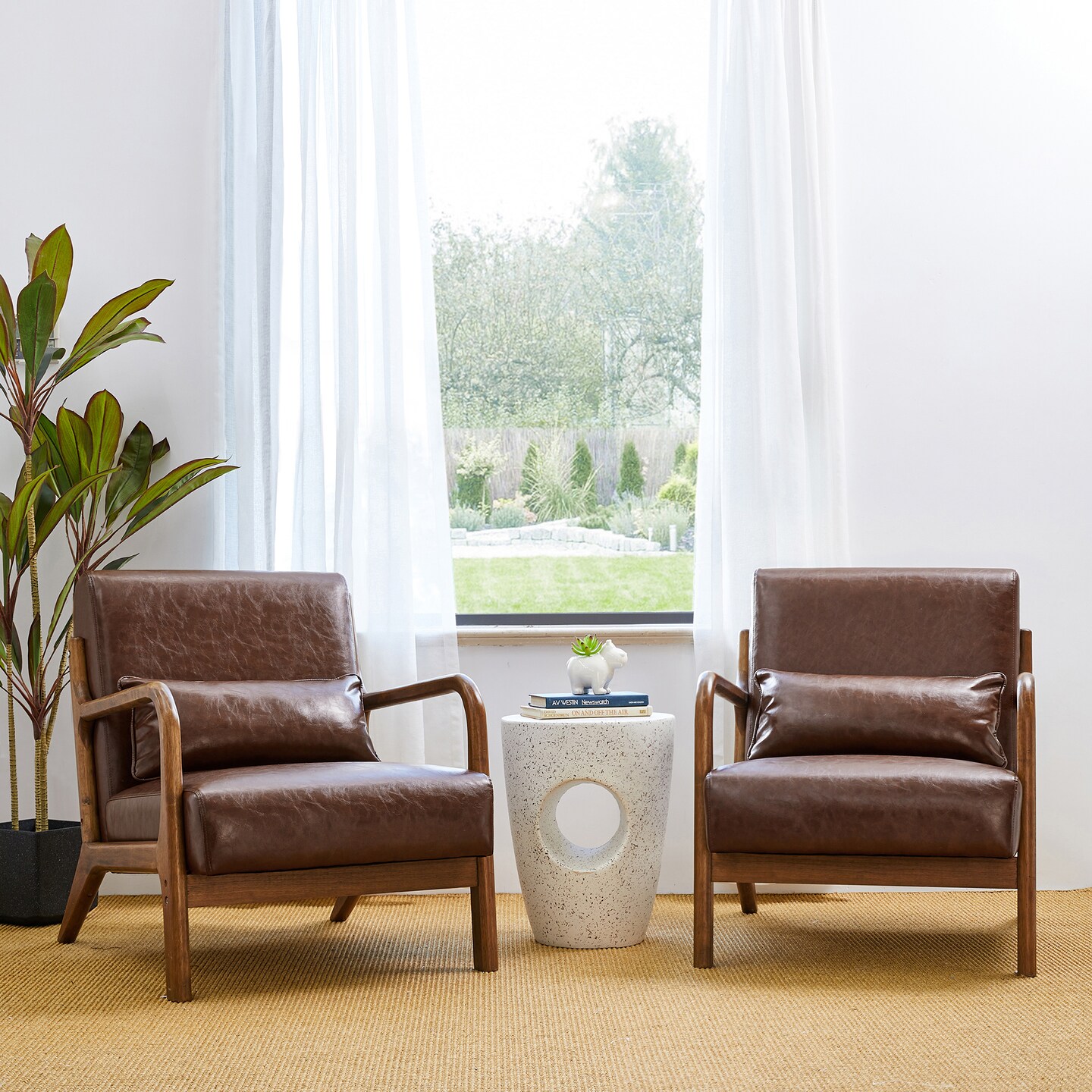 Set of 2 30.75&#x22;H Mid-Century Modern PU Leather Armchair Accent Chairs with Pillow