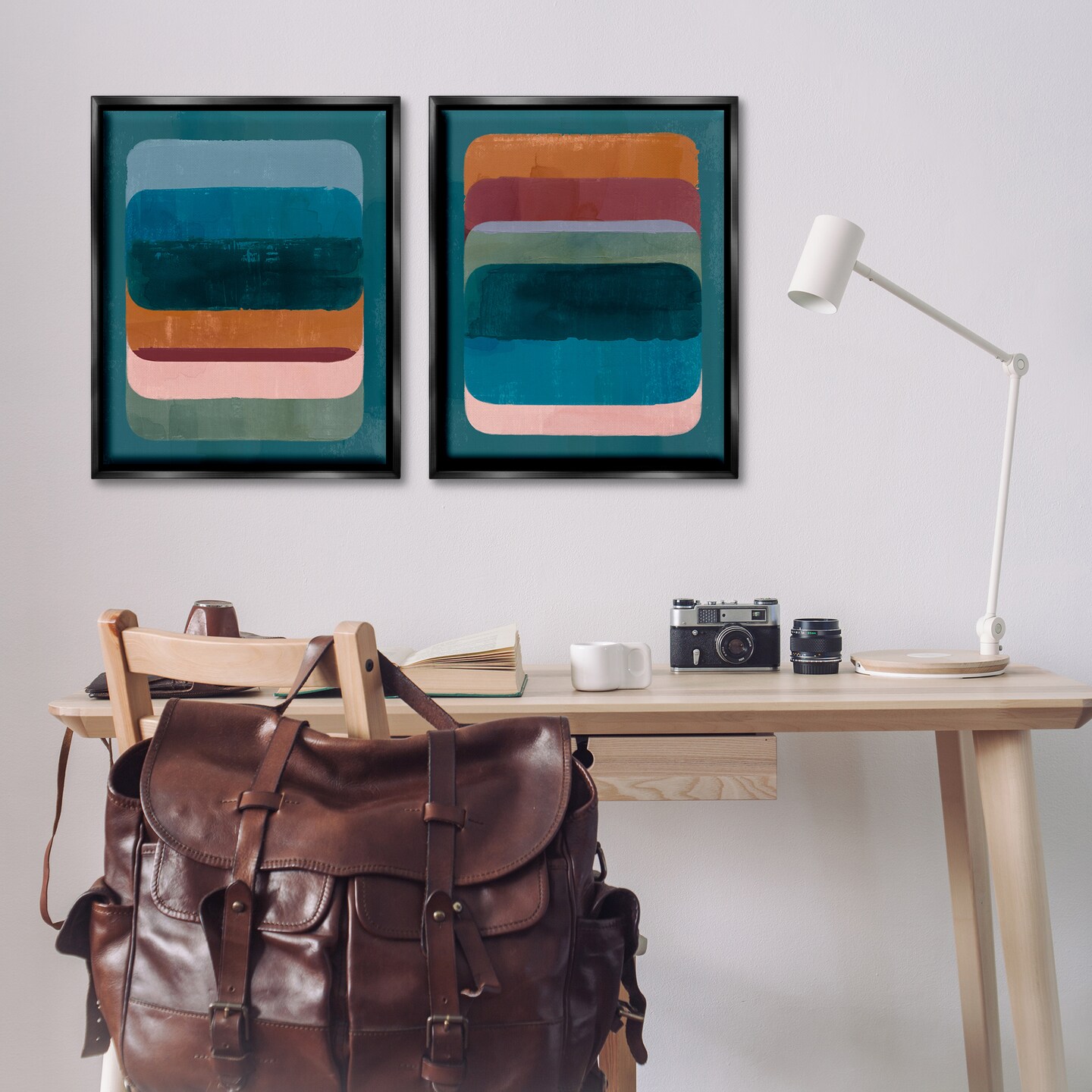 Stupell Industries Abstract Teal Stacked Colors 2 pc Framed Floater Canvas Wall Art Set Design by Victoria Barnes