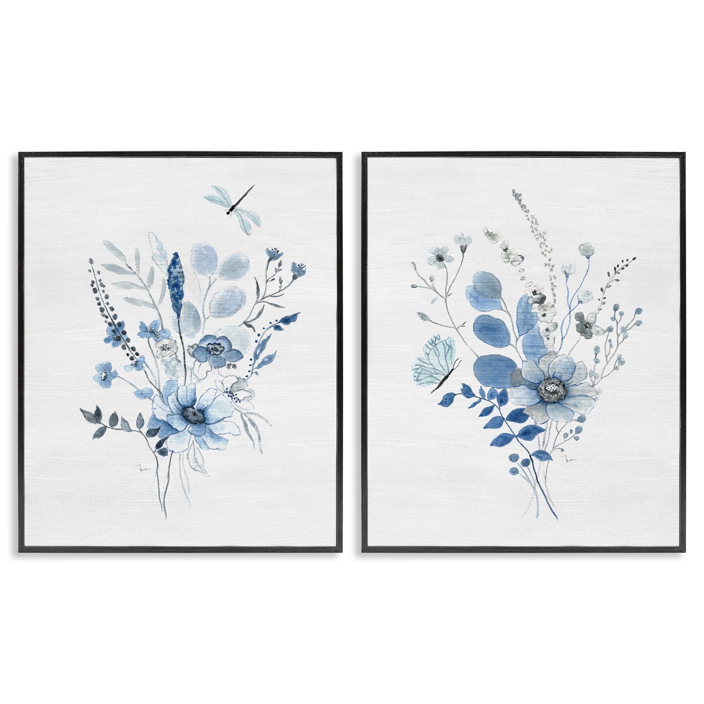 Stupell Industries Blue Dragonfly Flower 2 pc Framed Giclee Wall Art Set Design by Janet Tava