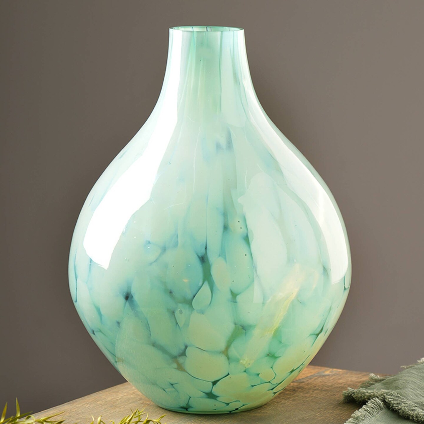 Decorative White Splutter Green Glass Rounded Vase-8.5x11 inch