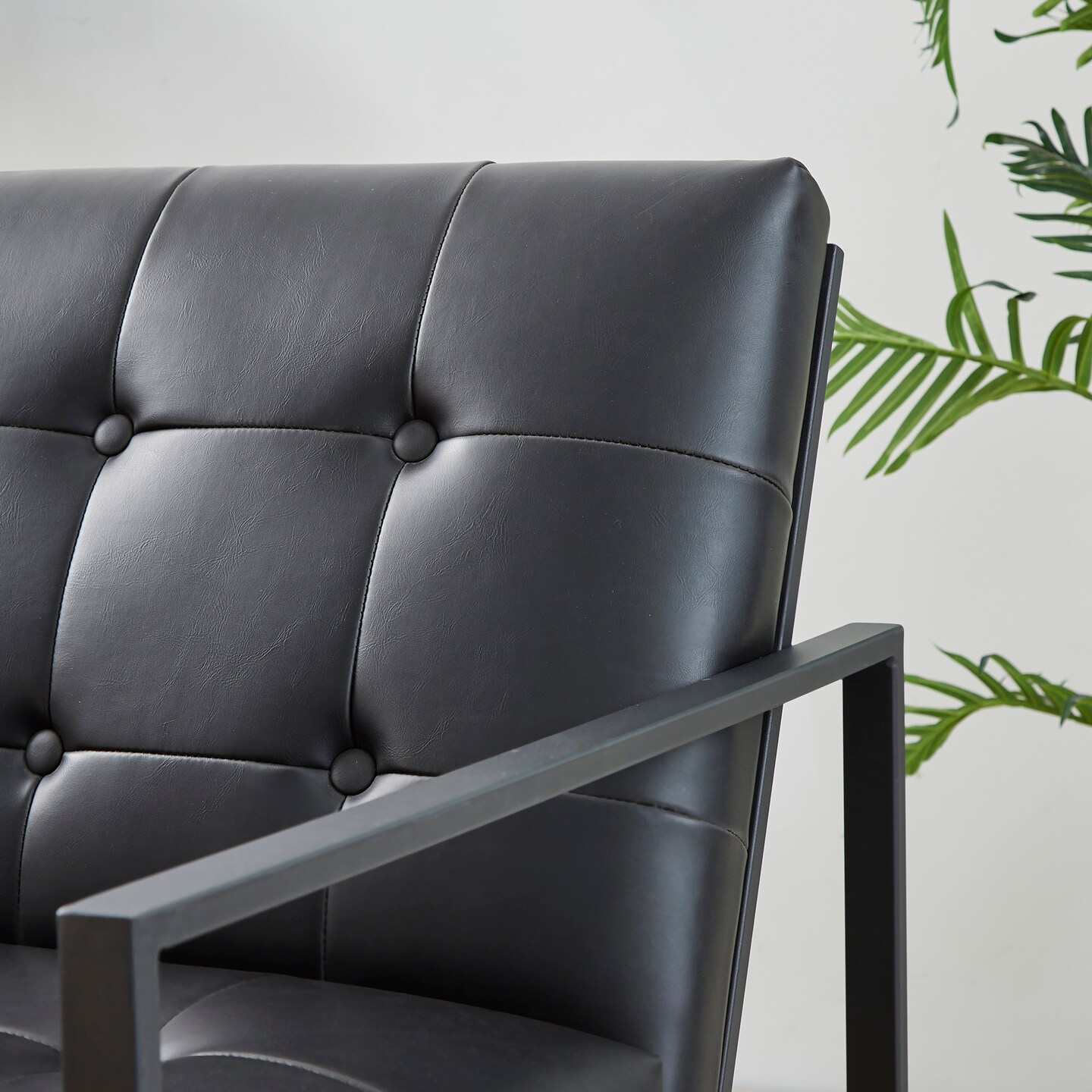 30.5"H Mid-Century Modern Leatherette Button-tufted Accent Arm Chair with Black Metal Frame
