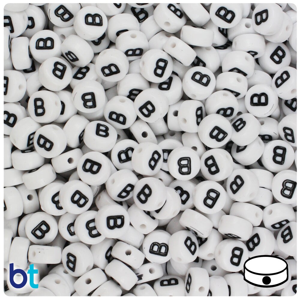BeadTin White Opaque 7mm Coin Plastic Alpha Beads - Black Letter B (100pcs)