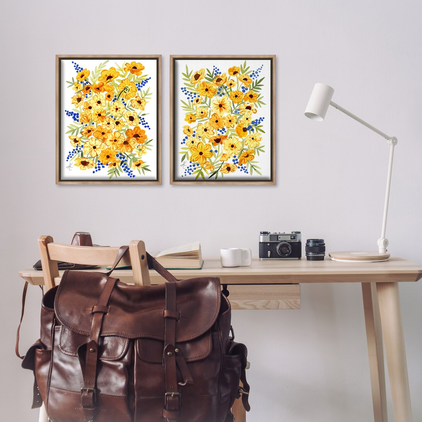 Stupell Industries Golden Cosmos with Blue Berries 2 pc Framed Floater Canvas Wall Art Set Design by Alexandria Gilbert Kincaid