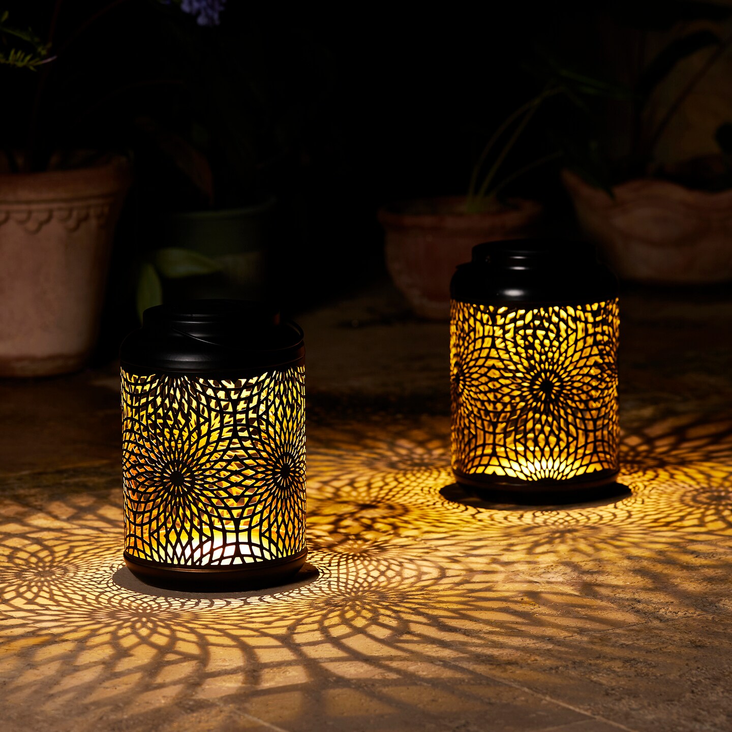 Set of 2/4 8.75"H Metal Cutout Scrollwork Solar Powered LED Outdoor Lantern with handle