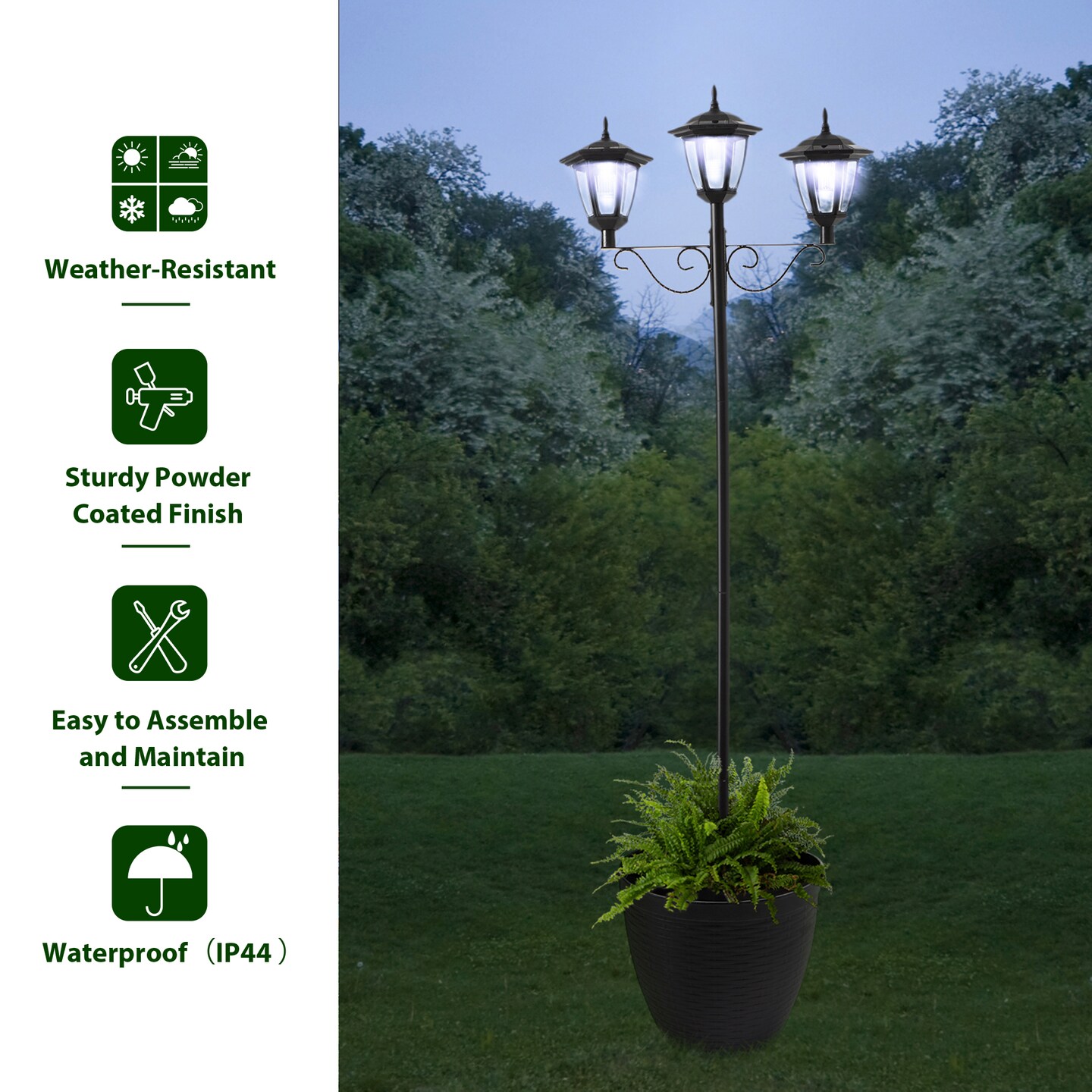 Set of 2 74&#x22;H Solar Three Head Street Light with a Round Planter Pot