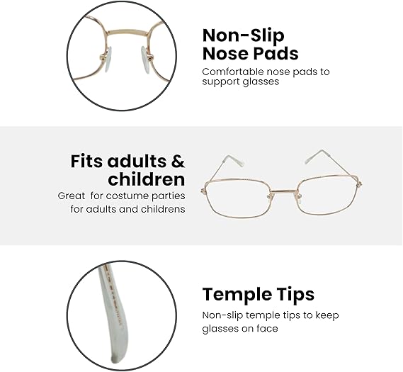 4E&#x27;s Novelty Old Person Costume Glasses for Kids Adults Gold Rectangular Fake Eyeglasses Old Lady Glasses for 100th Day of School Costume Dress Up Accessory