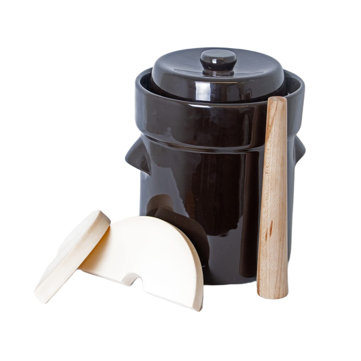 Lehman's European Style Fermentation Crock Set with Wooden Stomper and Fitted Weights, Set to Preserve Sauerkraut Pickles Kimchi and More, 2.6 Gallon