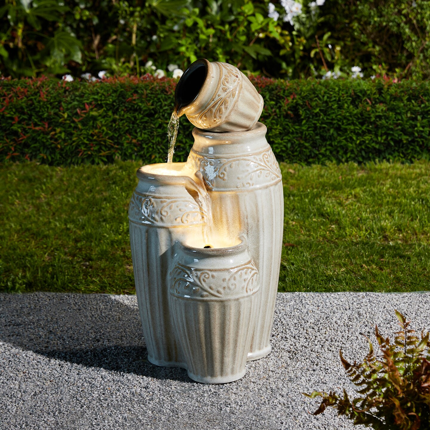 27.25&#x22;H Embossed Pattern Ceramic Pots 4-Tier Outdoor Fountain with LED Light, Includes Pump, Multiple Colors