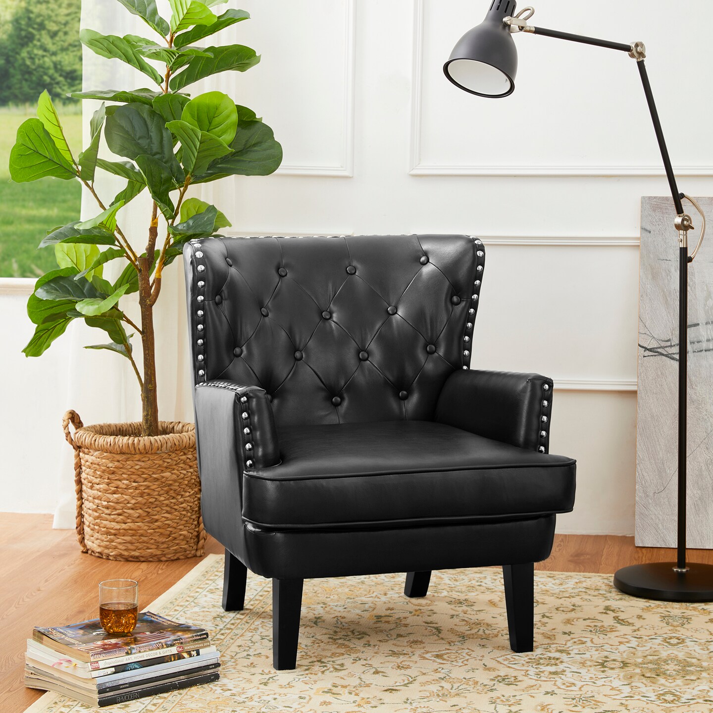 Set of 2 Mid-century Modern Leatherette Button-tufted Accent Arm Chairs
