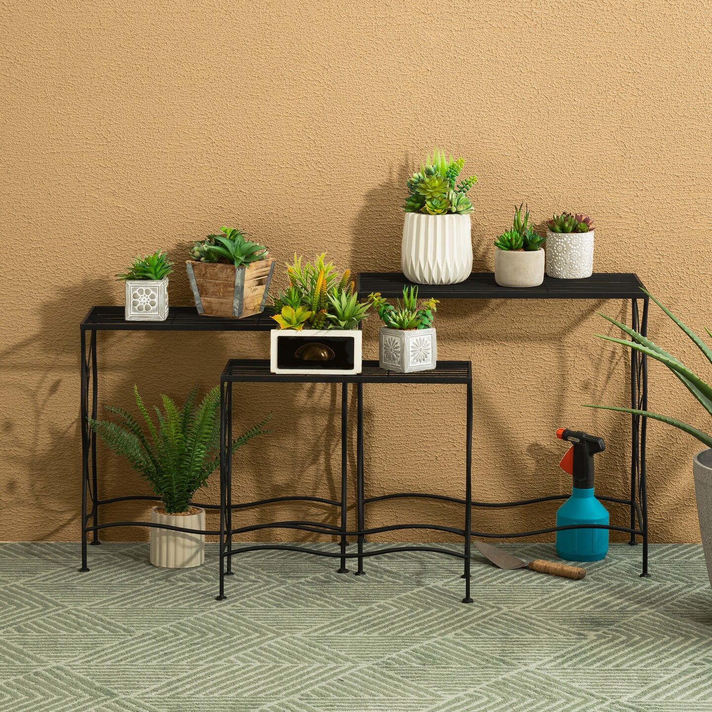 Set of 3 Rectangular Nesting Black Metal Plant Stand